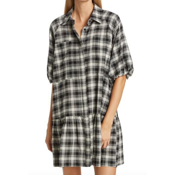 Jonathan Simkhai Crissy Plaid Mini Dress Relaxed Balloon sleeve Tiered $325 - XL - Picture 1 of 9